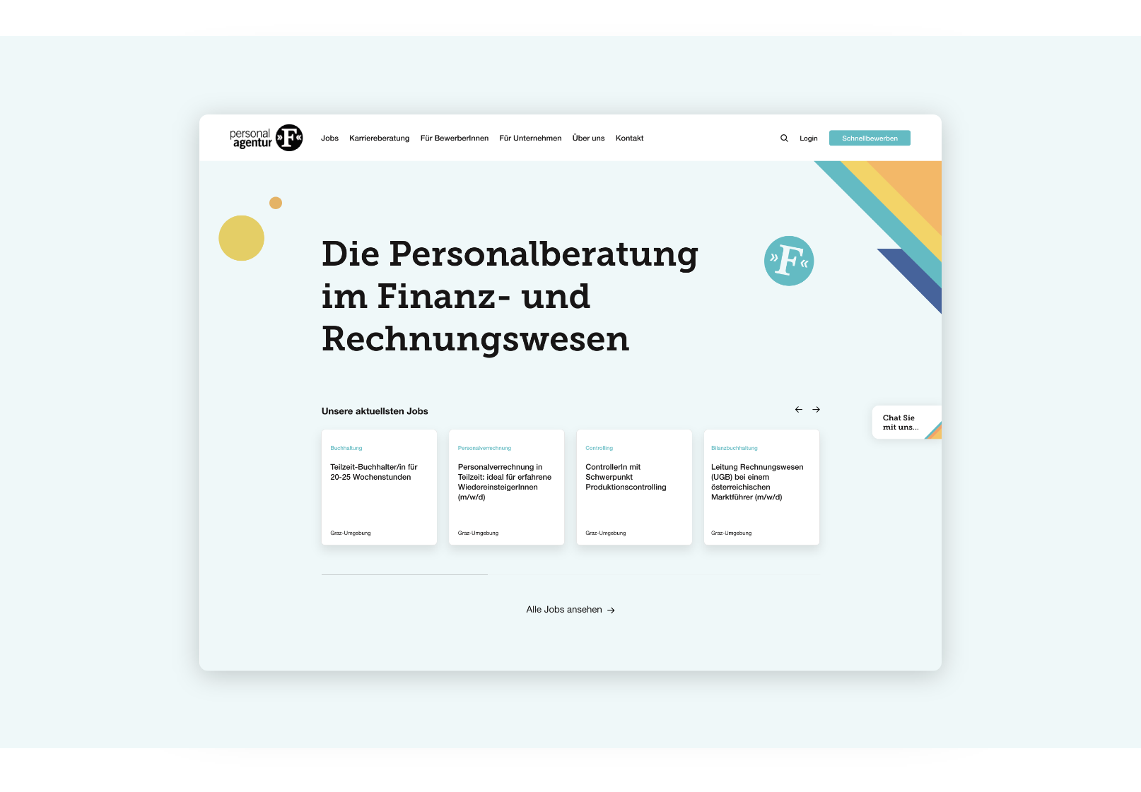 Desktop-Screenshot der Website der „F“ Personal-Agentur mit aktuellen Jobanzeigen und übersichtlicher Stellenübersicht.