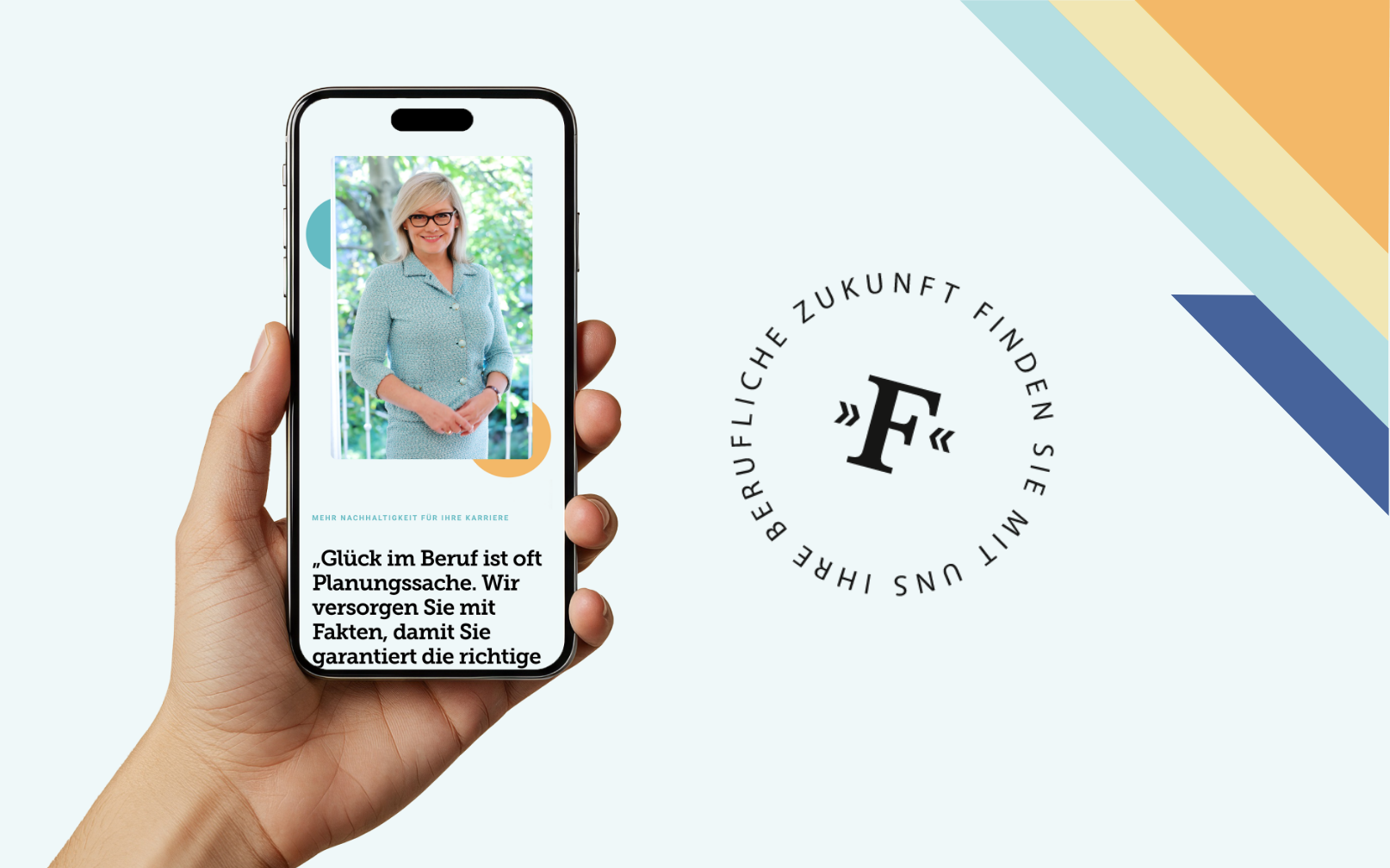 Smartphone-Screenshot der Startseite der „F“ Personal-Agentur mit Logo und markanten Brand-Elementen.