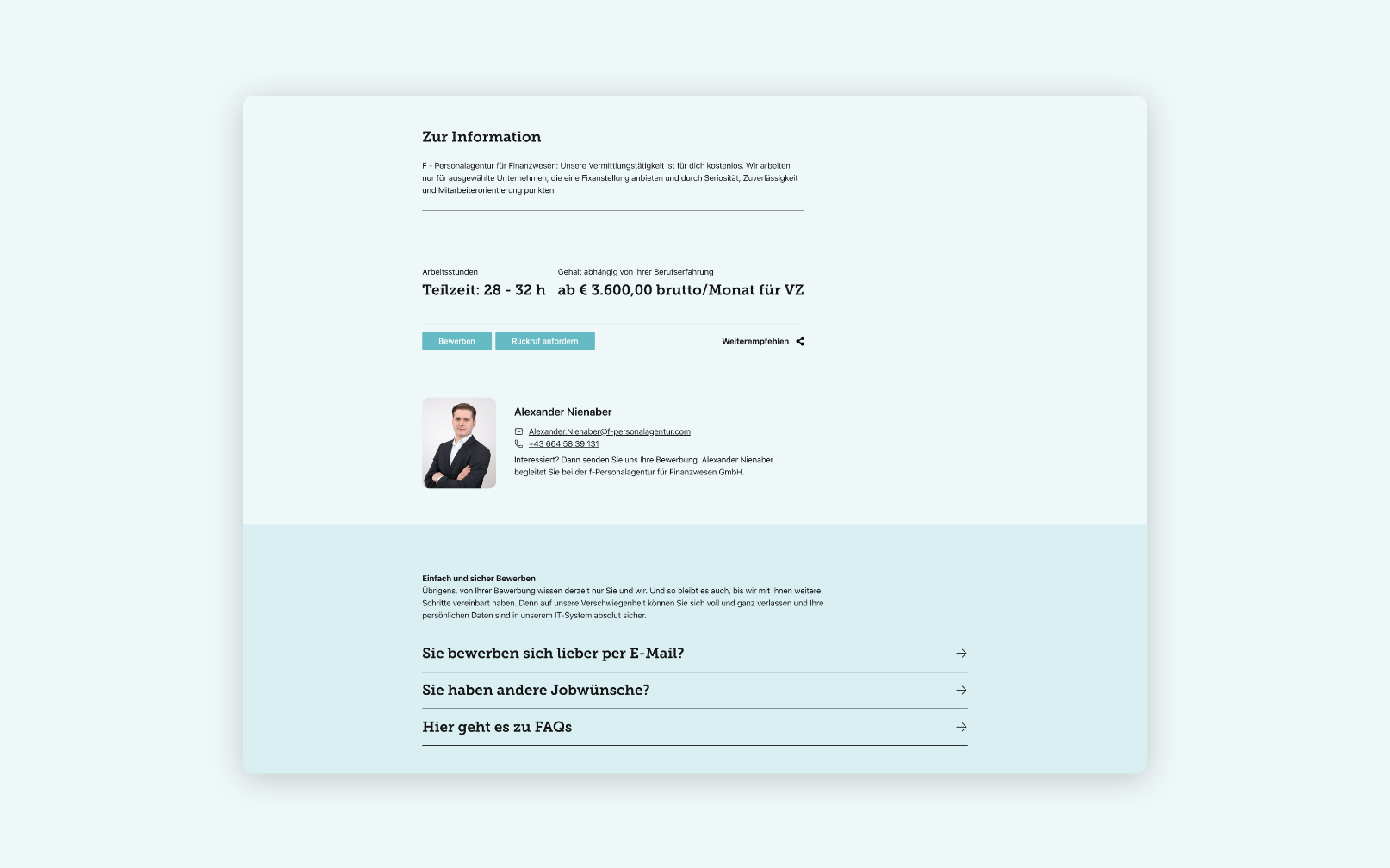 Desktop-Screenshot einer Jobanzeige mit direkter Kontaktaufnahme zur zuständigen Ansprechperson.