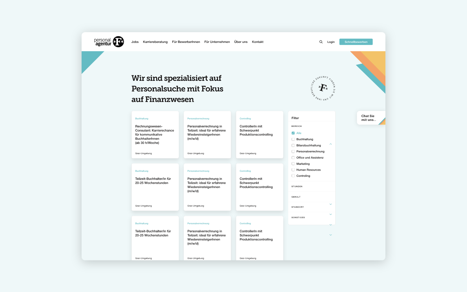 Drei Desktop-Screenshots mit Jobanzeigen, Filterfunktionen und Detailansichten der Stellenangebote der „F“ Personal-Agentur.