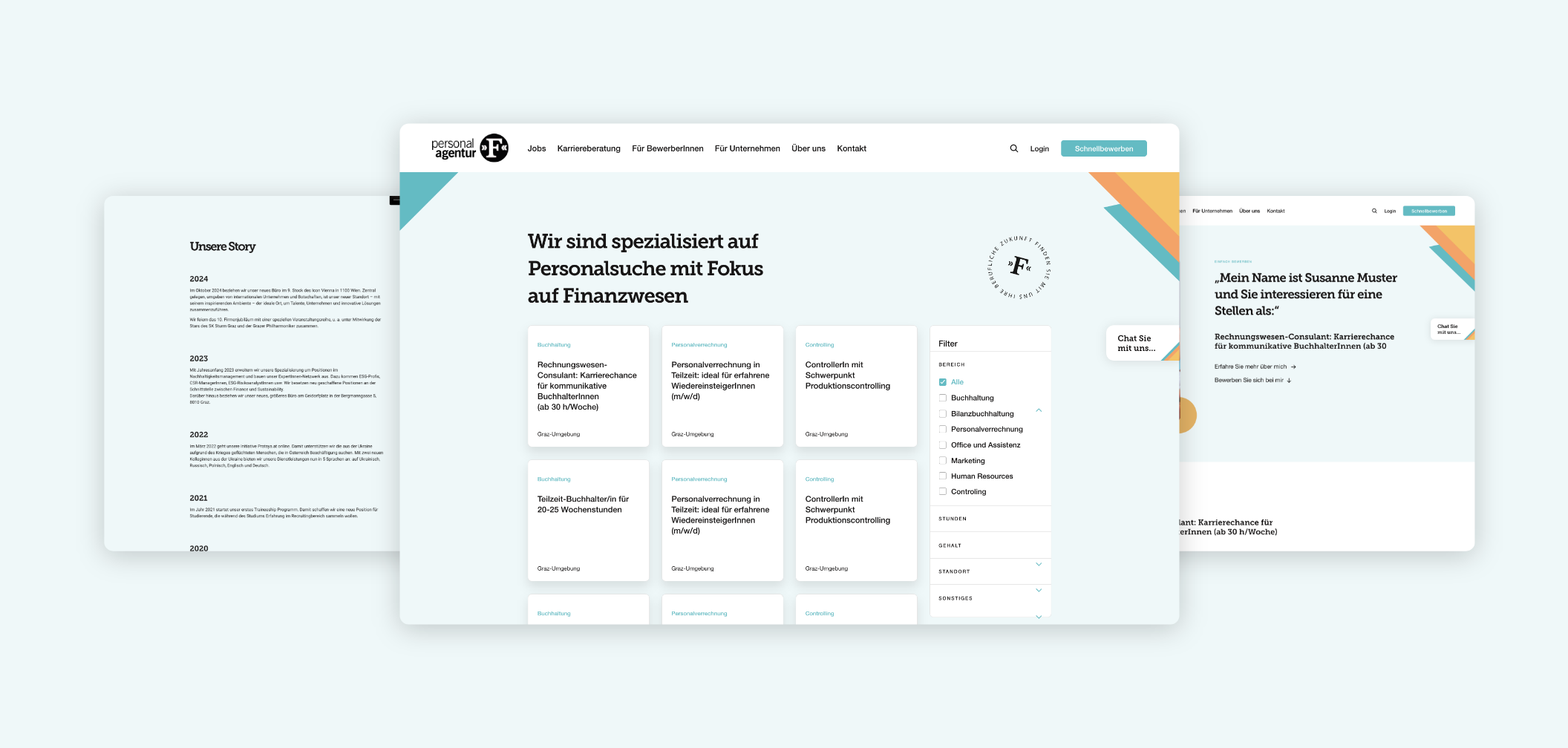 Drei Desktop-Screenshots mit Jobanzeigen, Filterfunktionen und Detailansichten der Stellenangebote der „F“ Personal-Agentur.