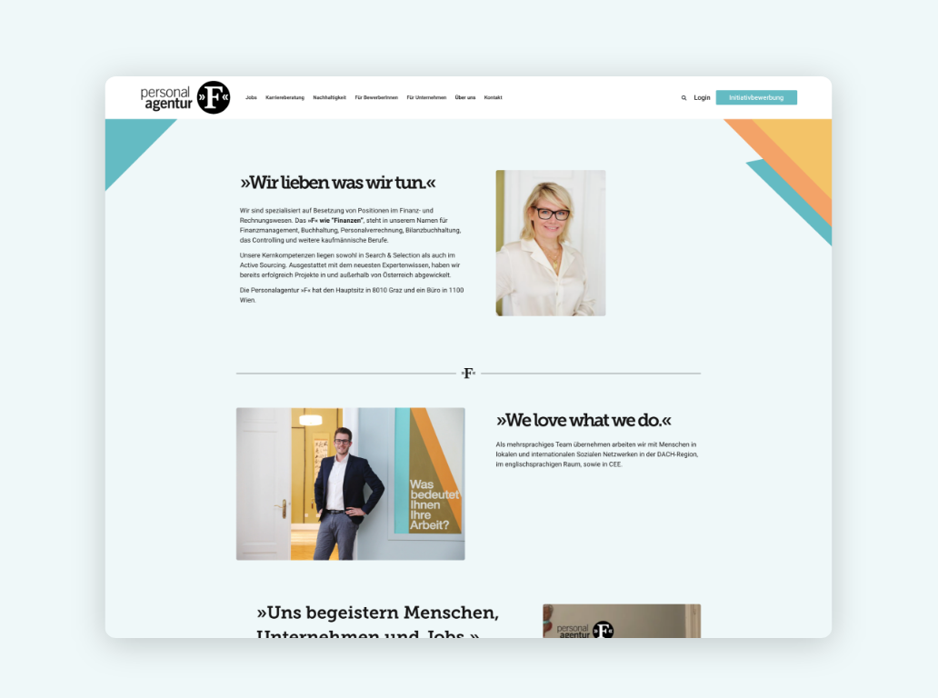 Desktop-Screenshot der Teamseite der „F“ Personal-Agentur mit Bildern und ausführlichen Profilbeschreibungen der Mitarbeiter:innen.