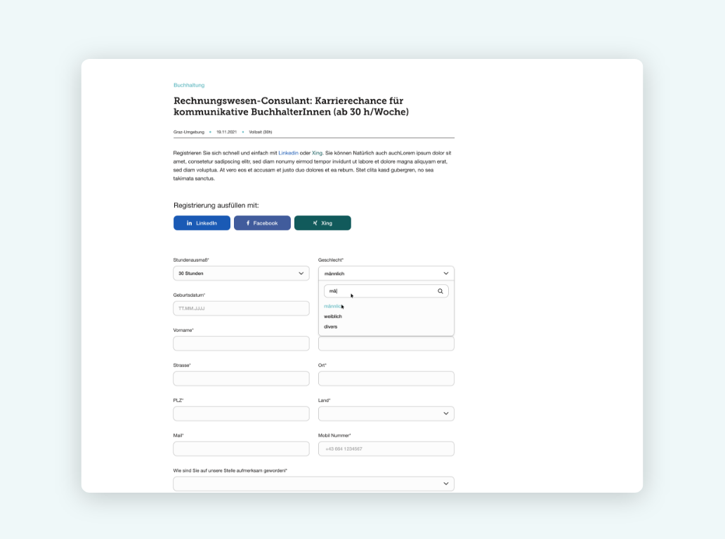Desktop-Screenshot eines Bewerbungsformulars zur einfachen Online-Bewerbung auf eine Jobanzeige bei der „F“ Personal-Agentur.