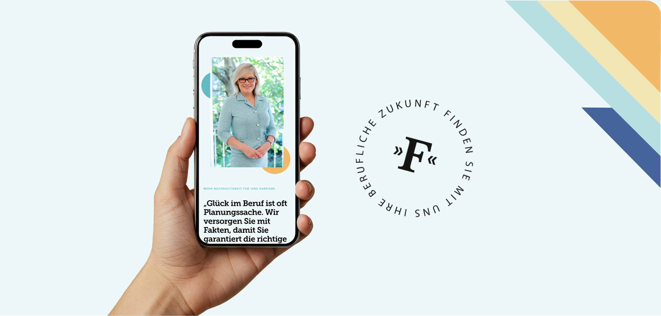 Smartphone-Screenshot der Startseite der „F“ Personal-Agentur mit Logo und markanten Brand-Elementen.