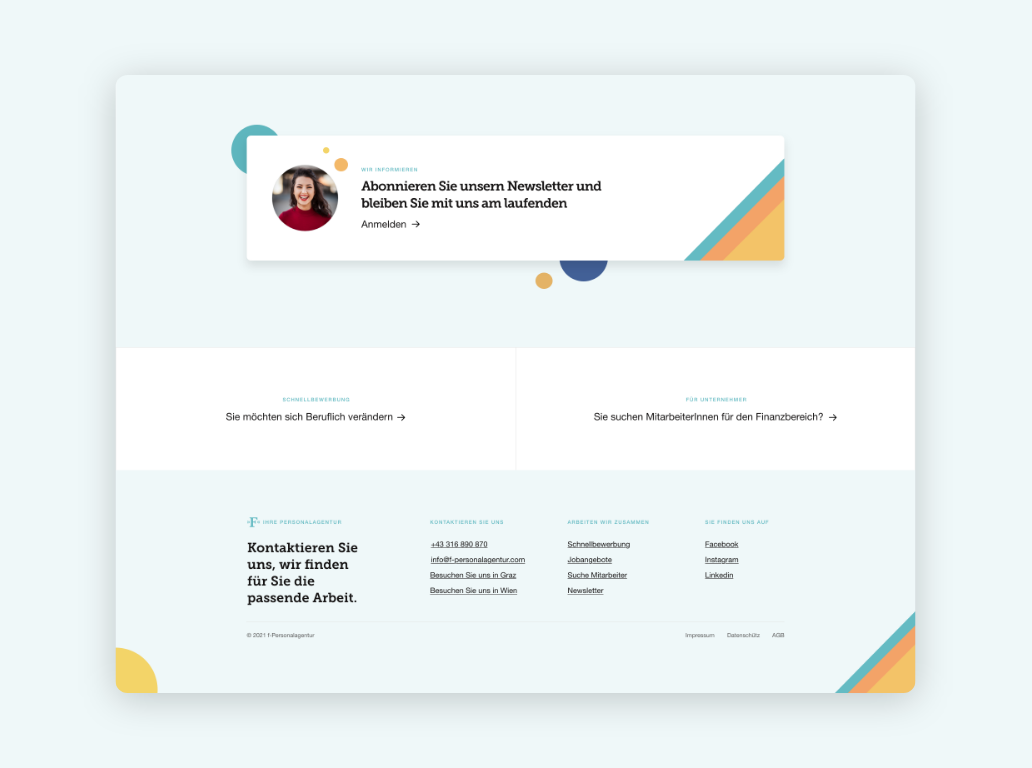Desktop-Screenshot mit Verlinkungen zu weiteren Bereichen und Möglichkeit zur Newsletter-Anmeldung der „F“ Personal-Agentur.
