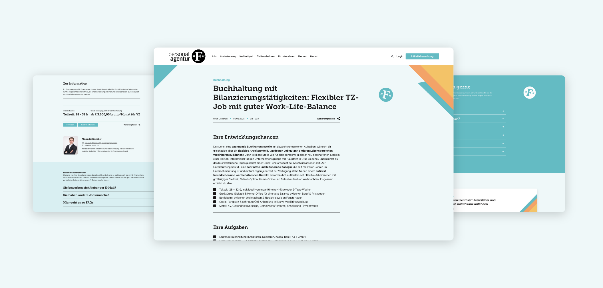 Drei Desktop-Screenshots mit der Detailansicht einer Jobanzeige inklusive Beschreibung, Anforderungen und Bewerbungsinformationen.