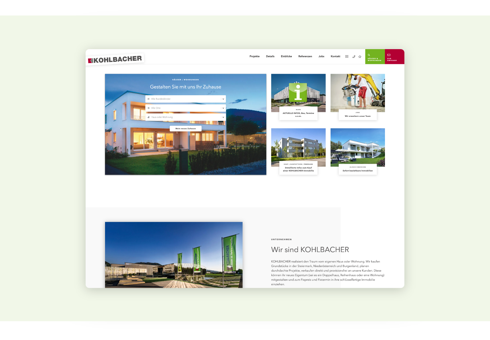 Desktop-Screenshot der Startseite von Kohlbacher Haus mit Übersicht verschiedener Hausmodelle.