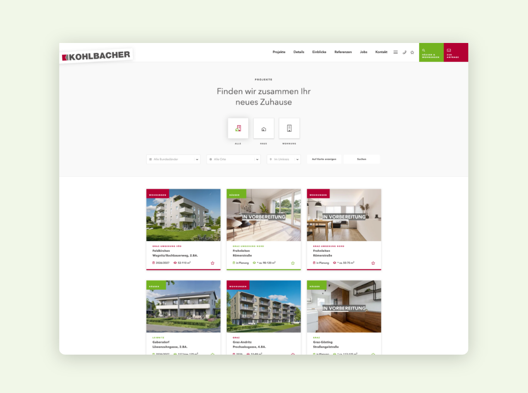 Desktop-Screenshot einer Kachelansicht mit Häusern zum Kauf oder zur Miete von Kohlbacher Haus.