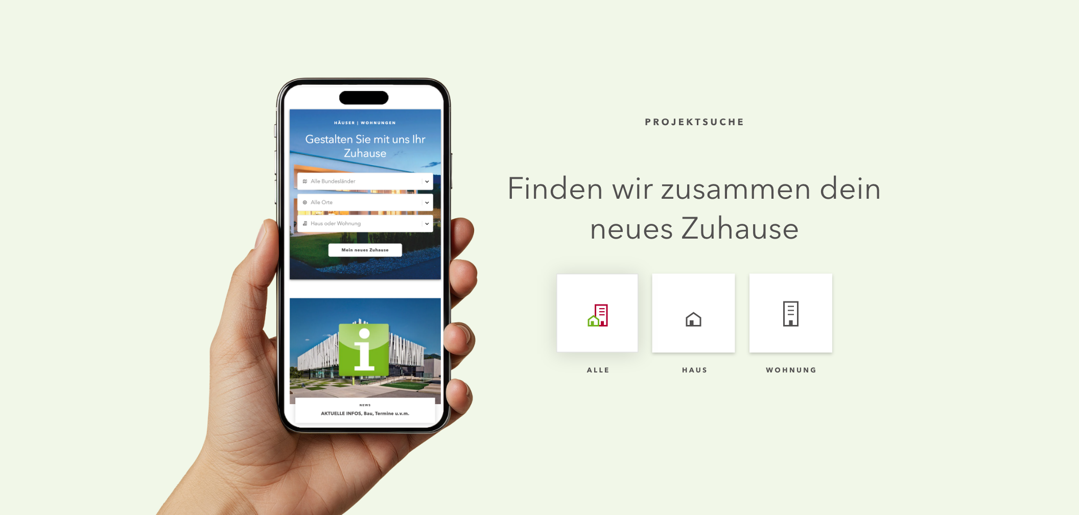 Smartphone-Screenshot der Startseite von Kohlbacher Haus mit integriertem Filtersystem.