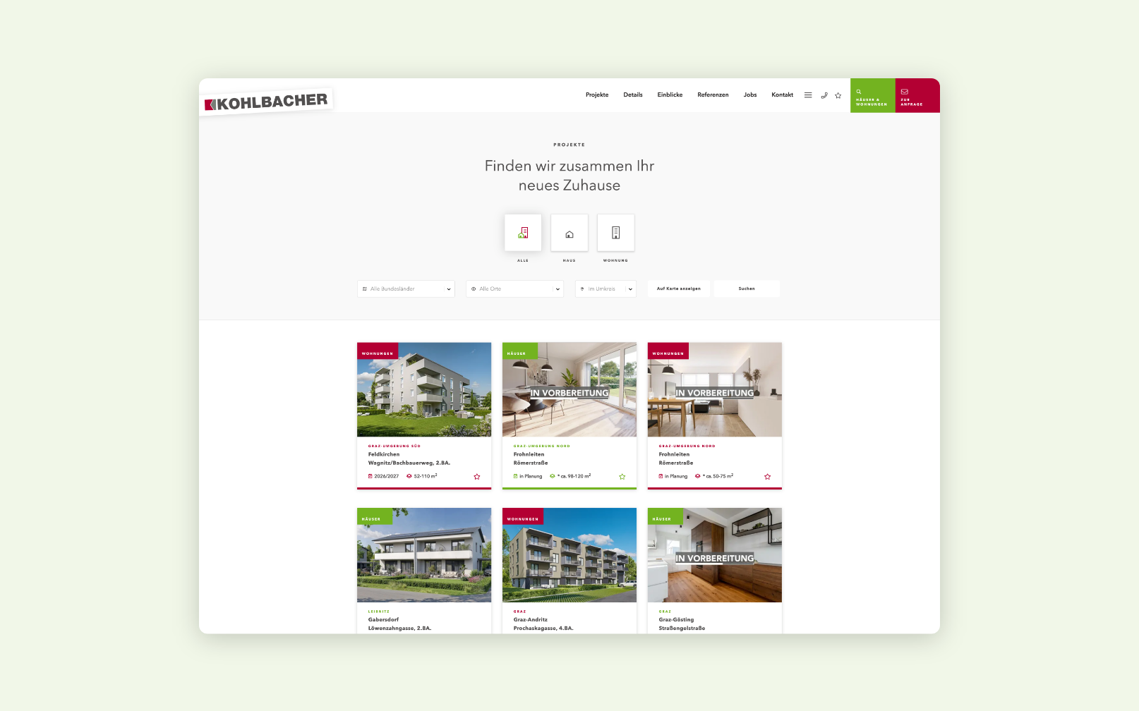 Desktop-Screenshot der Website von Kohlbacher Haus mit Übersicht zu Projekten und Wohnlösungen.