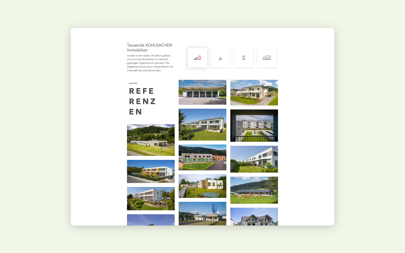 Desktop-Screenshot einer Bildergalerie mit Referenzprojekten von Kohlbacher Haus.