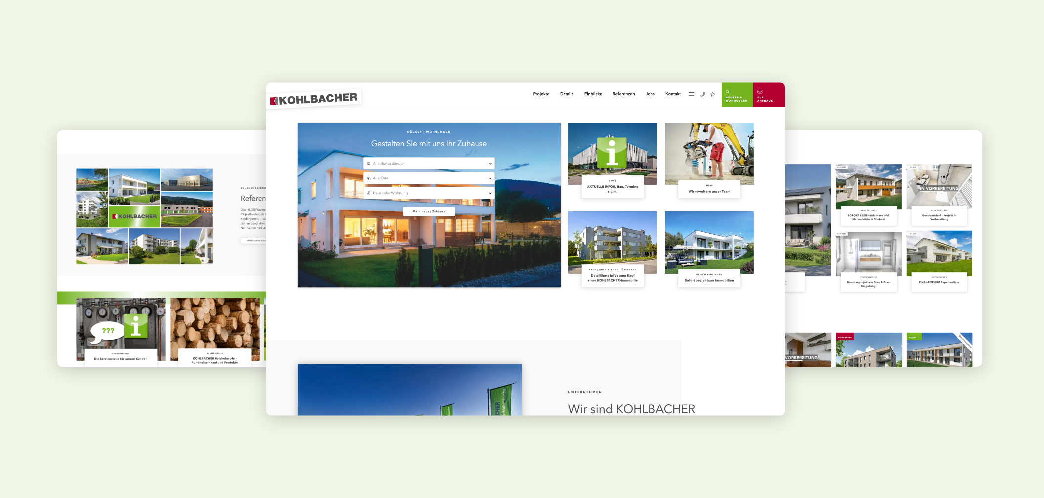 Drei Desktop-Screenshots der Startseite von Kohlbacher Haus mit Leistungen und Vorteilen.
