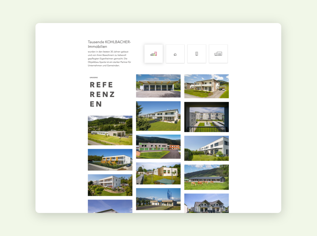 Desktop-Screenshot einer Bildergalerie mit Referenzprojekten von Kohlbacher Haus.