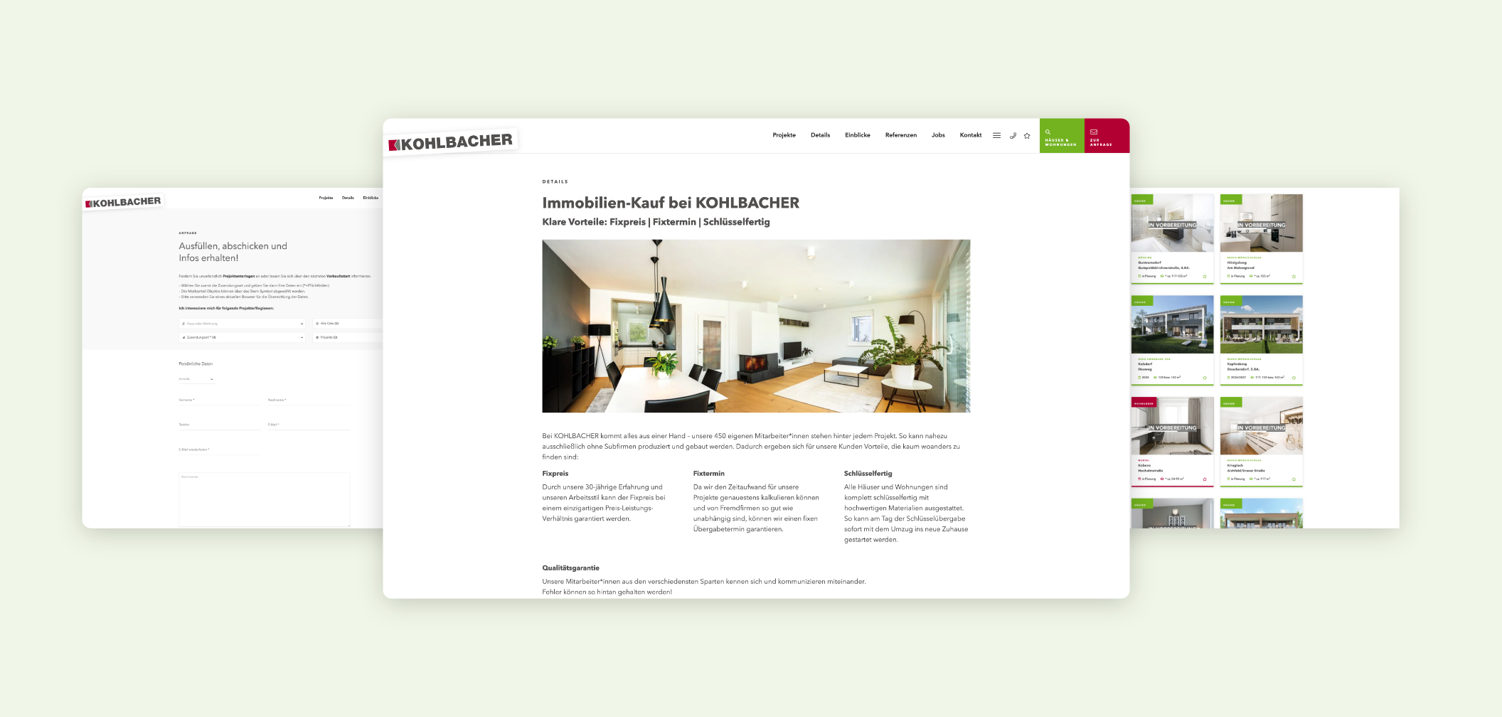 Drei Desktop-Screenshots mit den Vorteilen von Kohlbacher Haus.