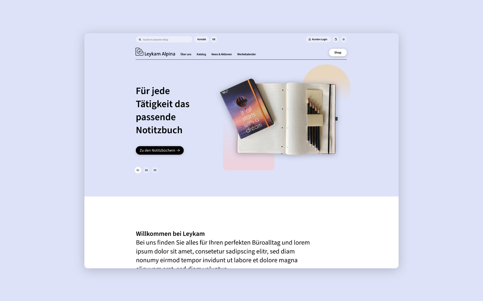 Desktop-Screenshot der Startseite von Leykam Alpina mit ausgewählten Produkten.
