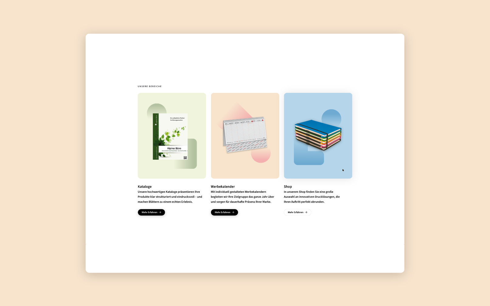 Desktop-Screenshot mit den drei Hauptkategorien von Leykam Alpina.