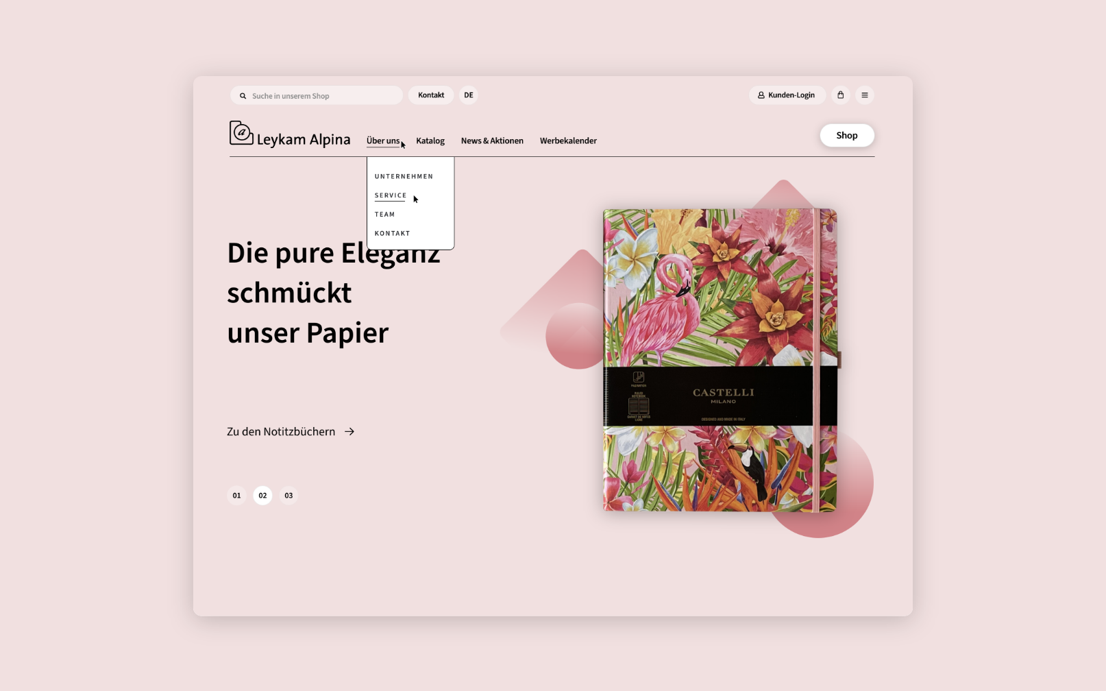 Leykam Alpina Kreis- und Dreieck-Elemente in roter Farbgestaltung als grafische Brand-Elemente.