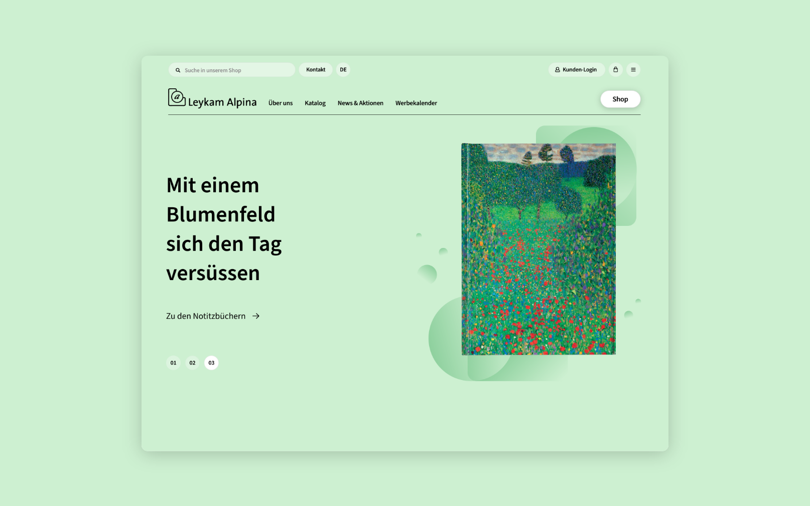 Desktop-Screenshot in grüner Farbwelt mit Produktdarstellung und erklärendem Text von Leykam Alpina.