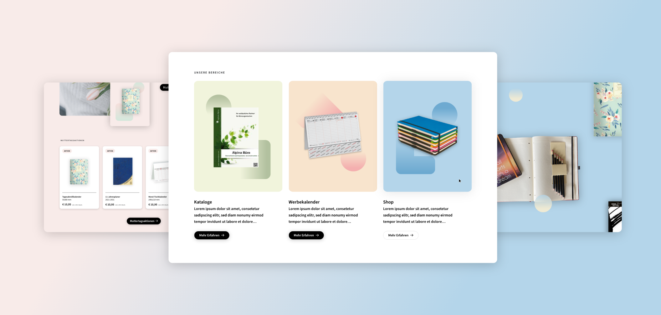 Drei Desktop-Screenshots mit den drei Hauptkategorien von Leykam Alpina.