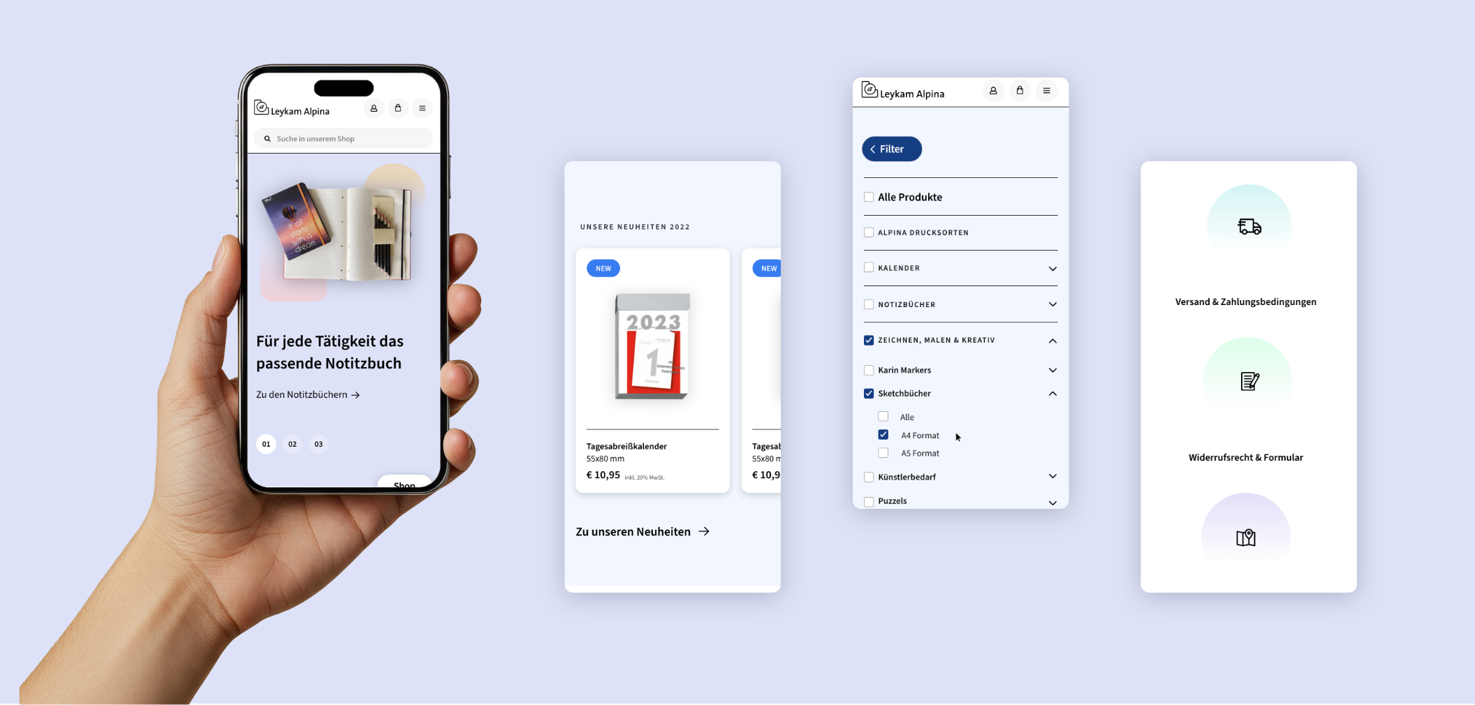 Vier Smartphone-Screenshots der Startseite von Leykam Alpina mit verschiedenen Produktkacheln.