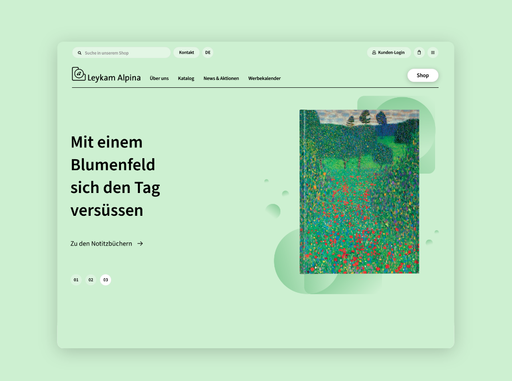 Desktop-Screenshot in grüner Farbwelt mit Produktdarstellung und erklärendem Text von Leykam Alpina.