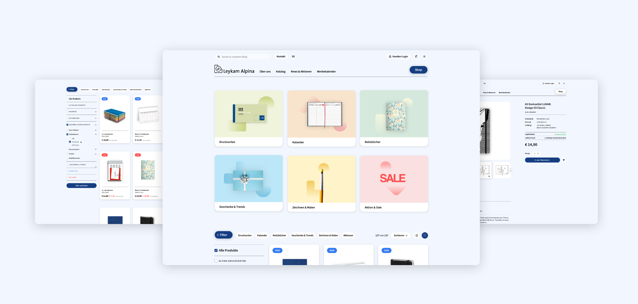 Drei Desktop-Screenshots des Leykam Alpina Online-Shops mit Produktübersicht.