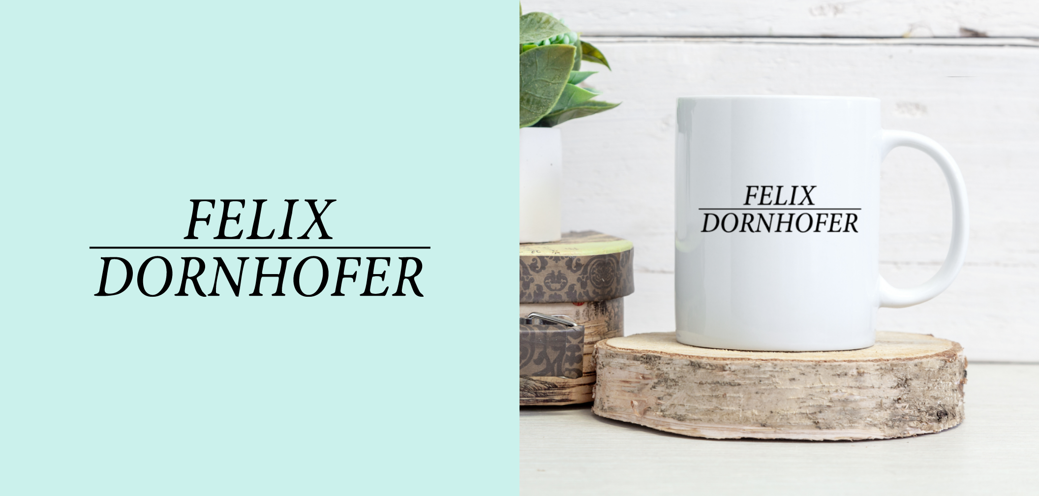Felix Dornhofer Logo und eine Tasse mit dem Felix Dornhofer Logo.
