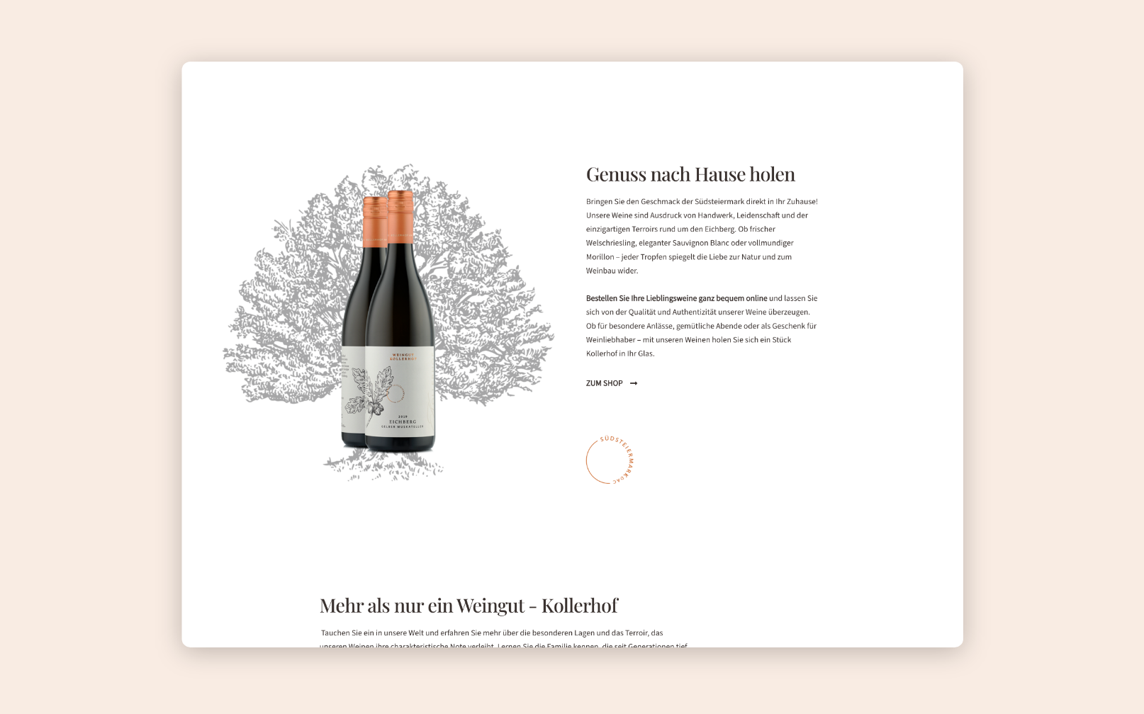 Desktop-Screenshot mit Text und Bild einer Weinflasche des Kollerhof am Eichberg.