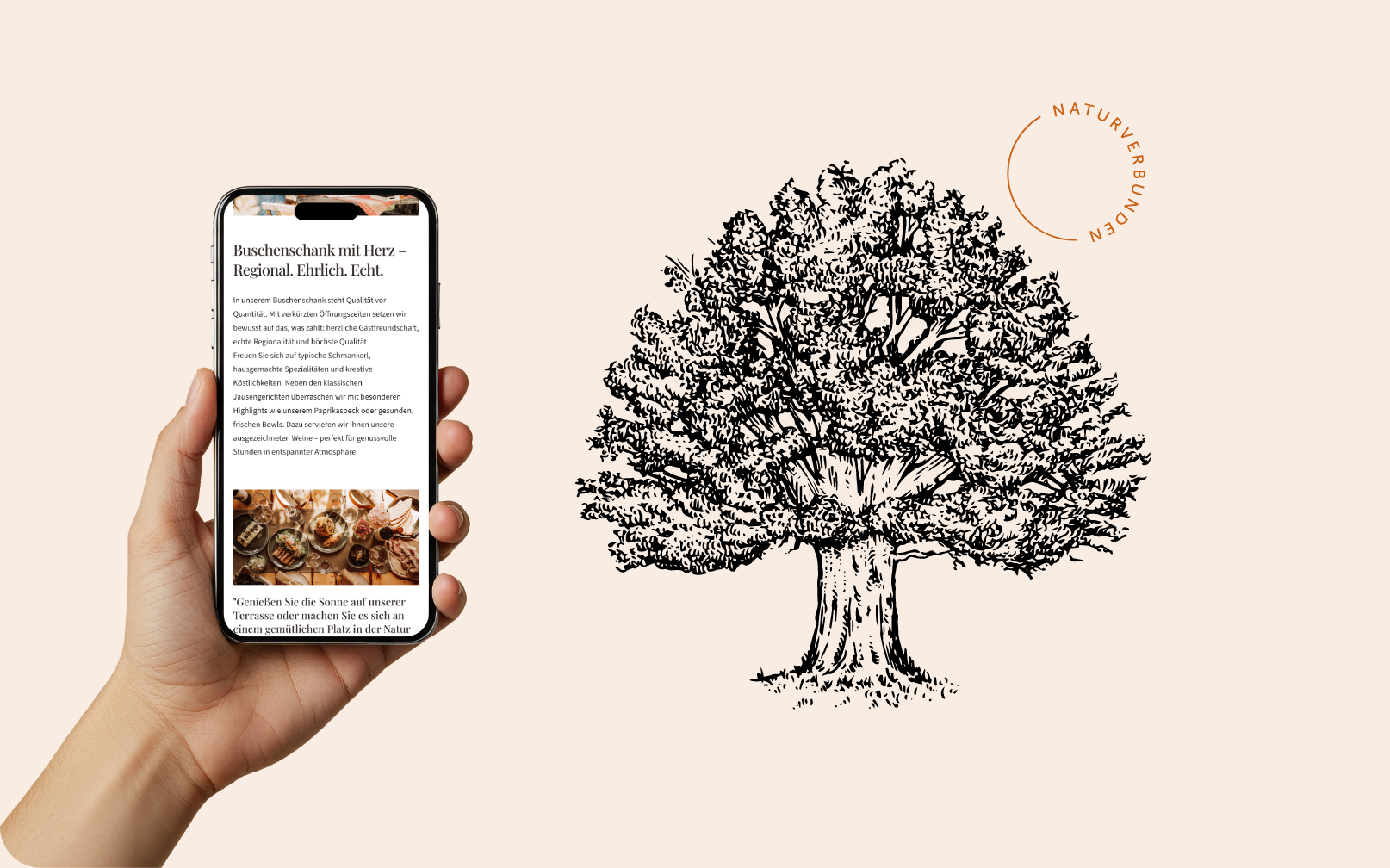 Smartphone-Screenshot der Startseite mit einer schwarz-weißen Baumillustration.