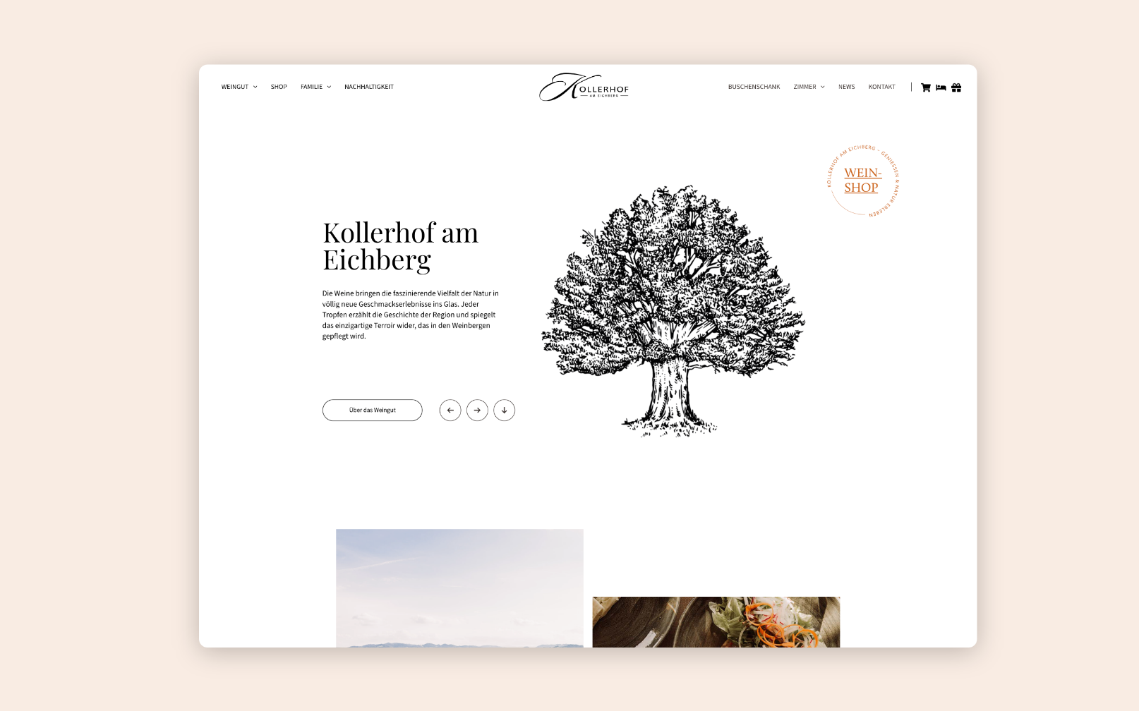 Desktop-Screenshot der Startseite des Kollerhof am Eichberg mit Text und einer schwarz-weißen Baumillustration.