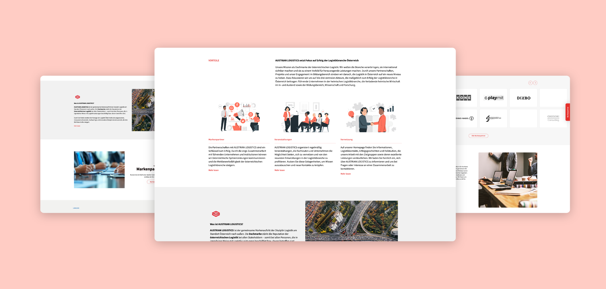 Drei Desktop-Screenshots der Startseite mit Illustrationen zu den Vorteilen von Austrian Logistics.