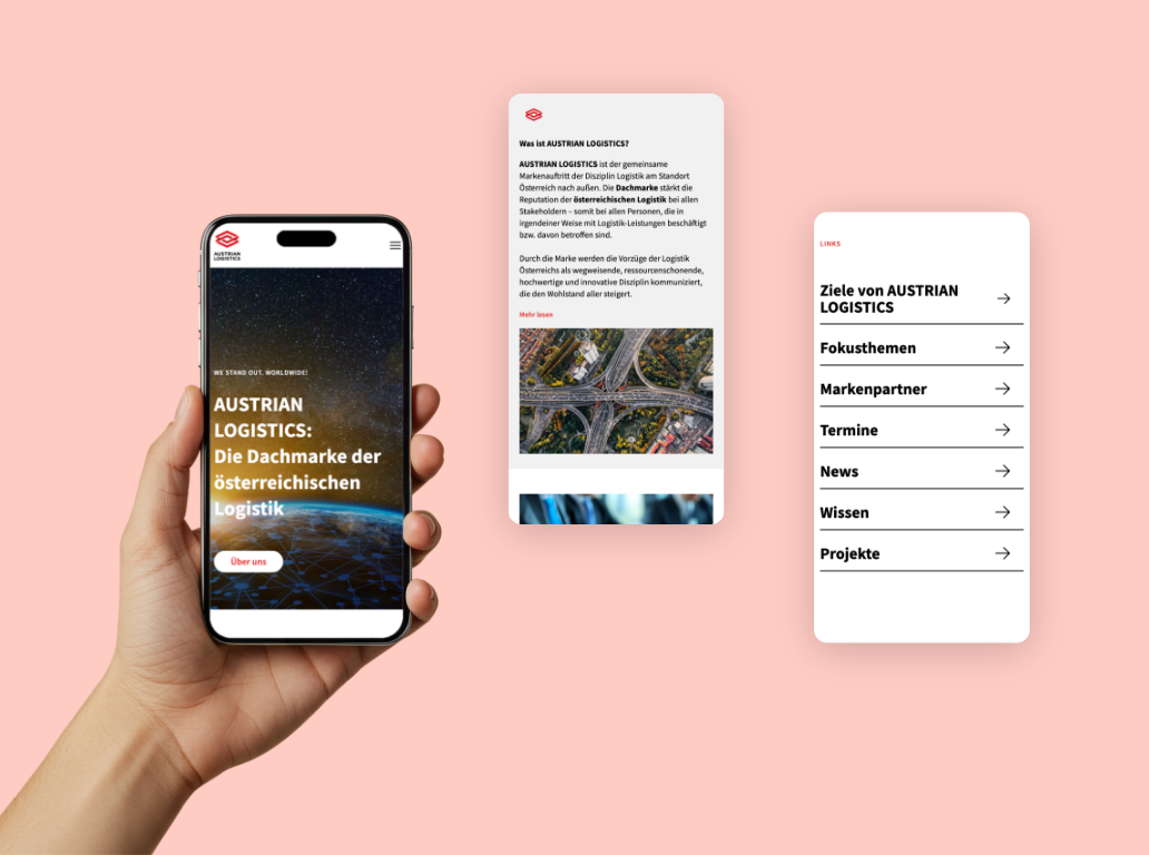 Drei Smartphone-Screenshots der Startseite mit Vorteilen von Austrian Logistics.