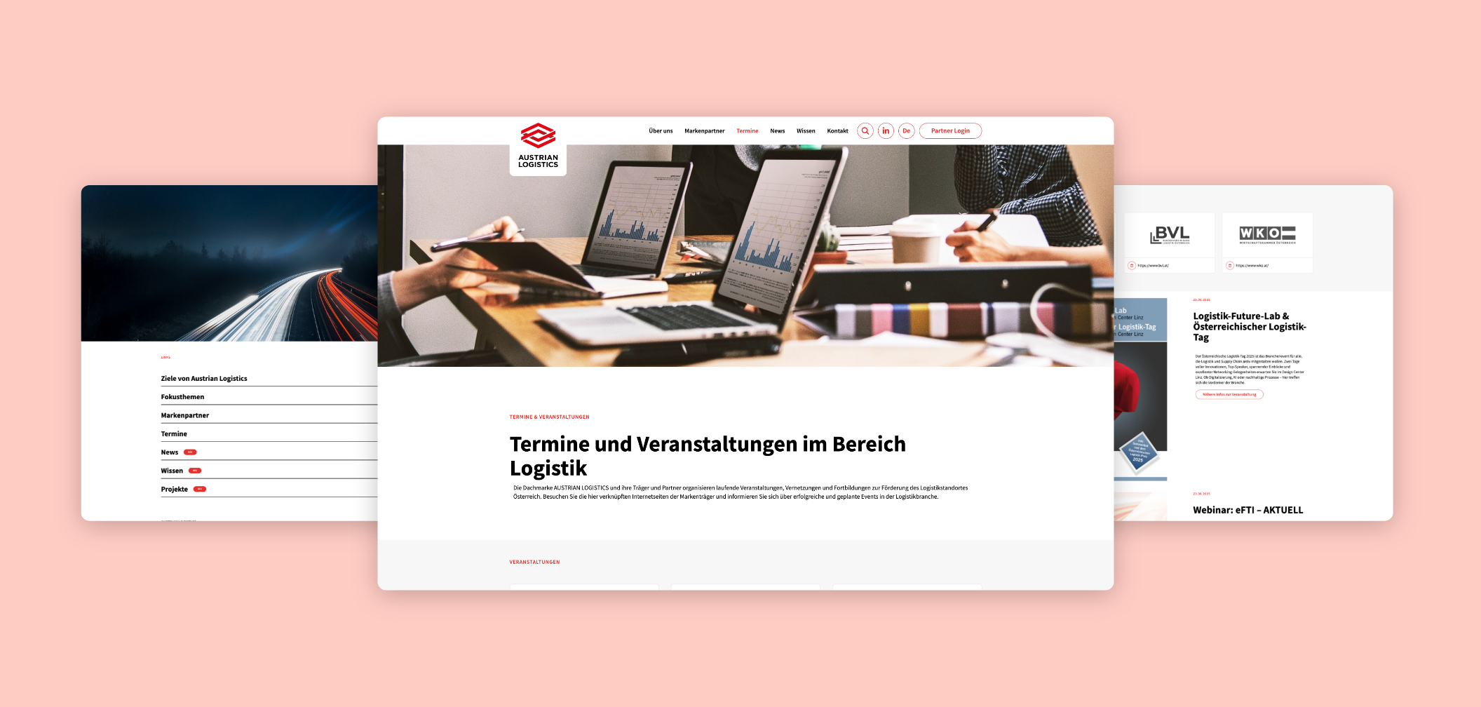 Drei Desktop-Screenshots zu Terminen, Veranstaltungen und verschiedenen Themen von Austrian Logistics.
