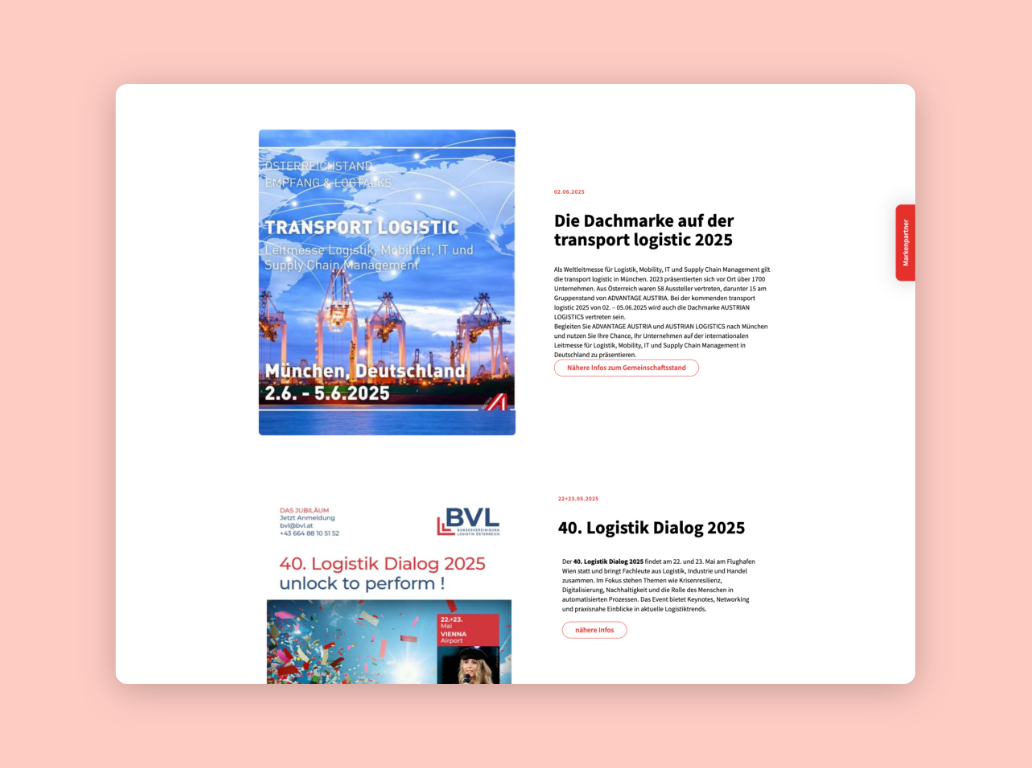 Drei Desktop-Screenshots zu Terminen, Veranstaltungen und verschiedenen Themen von Austrian Logistics.