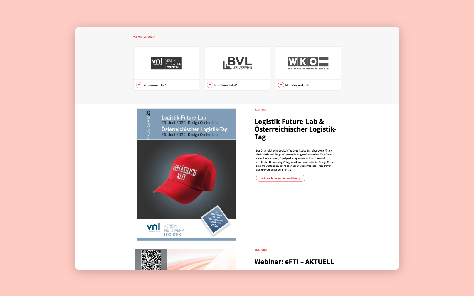 Desktop-Screenshot mit einer Übersicht der Veranstaltungen von Austrian Logistics.