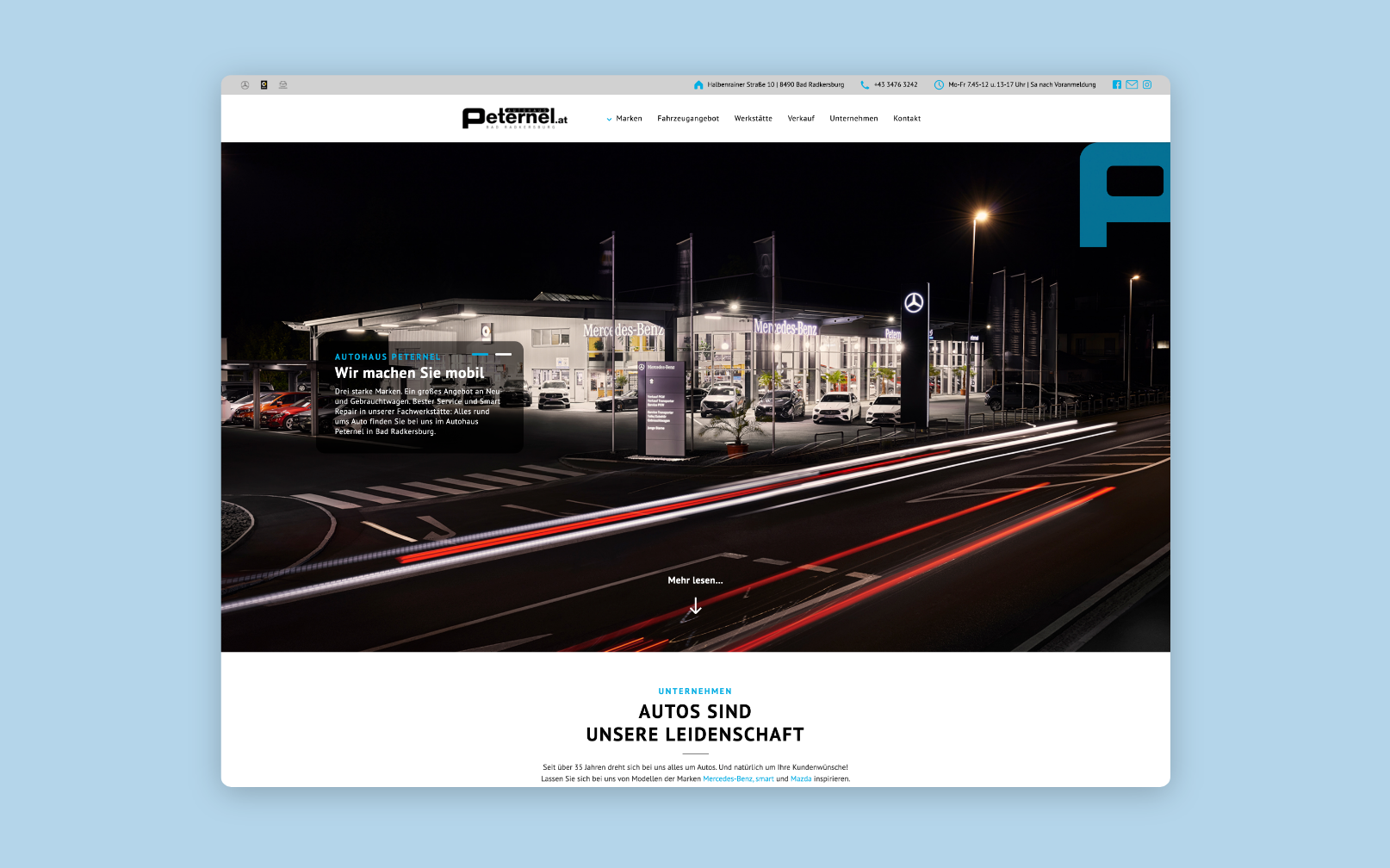 Desktop-Screenshot der Startseite mit einem Fullscreen-Bild des Autohauses Peternel.