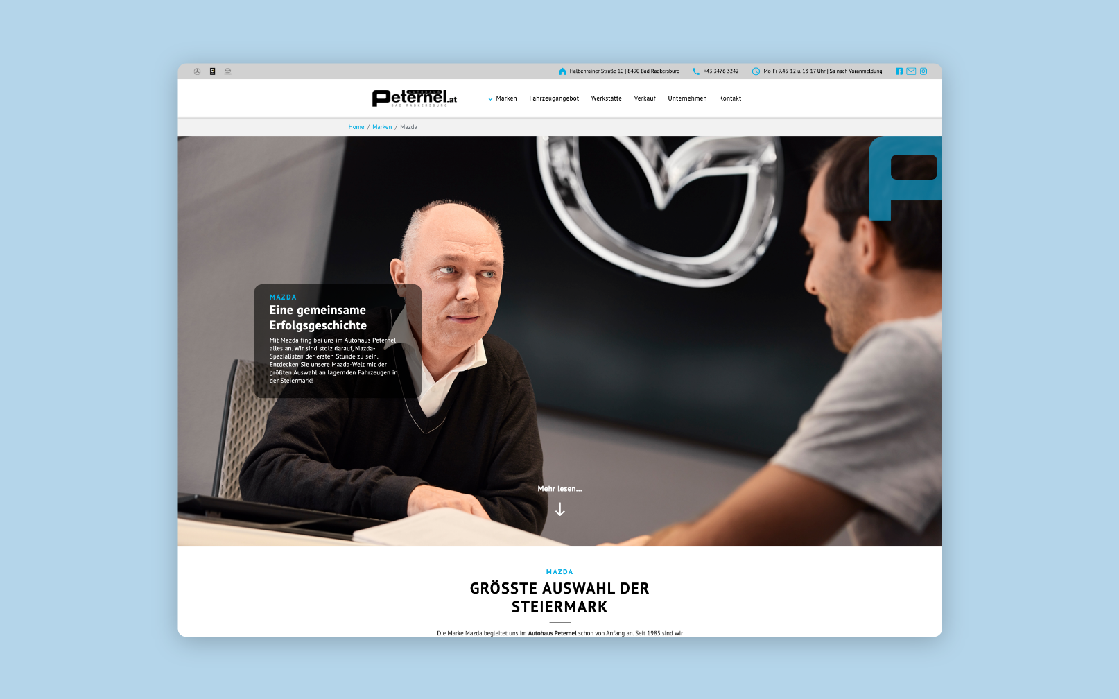 Desktop-Screenshot mit einem Fullscreen-Bild eines Beratungsgesprächs bei Peternel.
