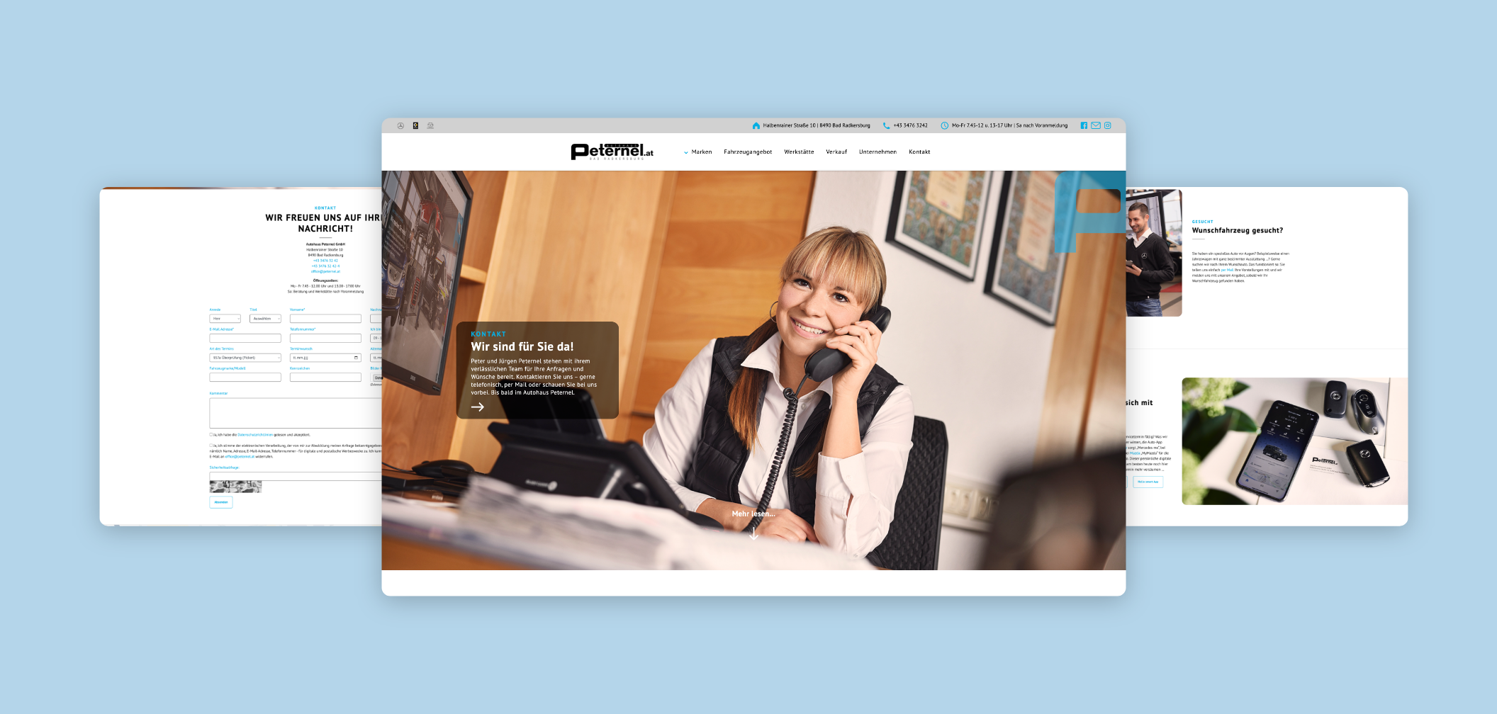 Drei Desktop-Screenshots mit persönlichem Kontakt und Kontaktformular bei Peternel.