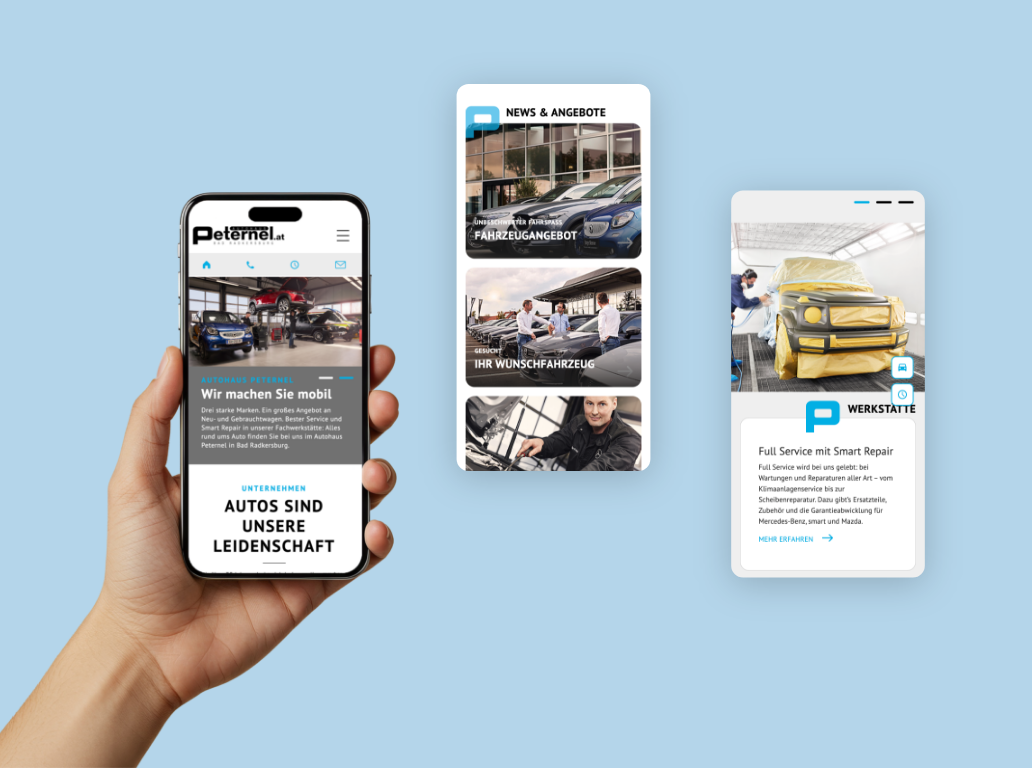 Drei Smartphone-Screenshots der Startseite mit Vorteilen von Peternel.