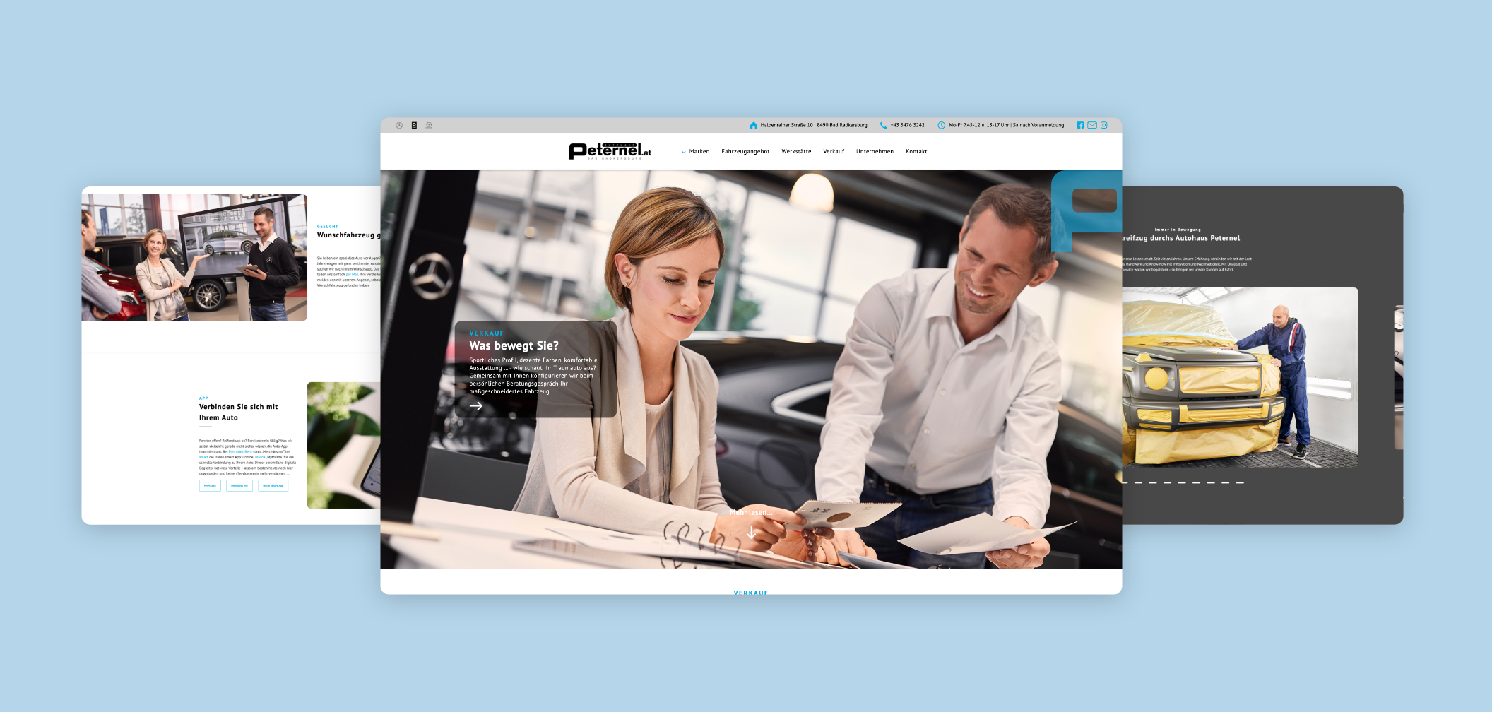 Drei Desktop-Screenshots mit Beratung, Team und Leistungen von Peternel.