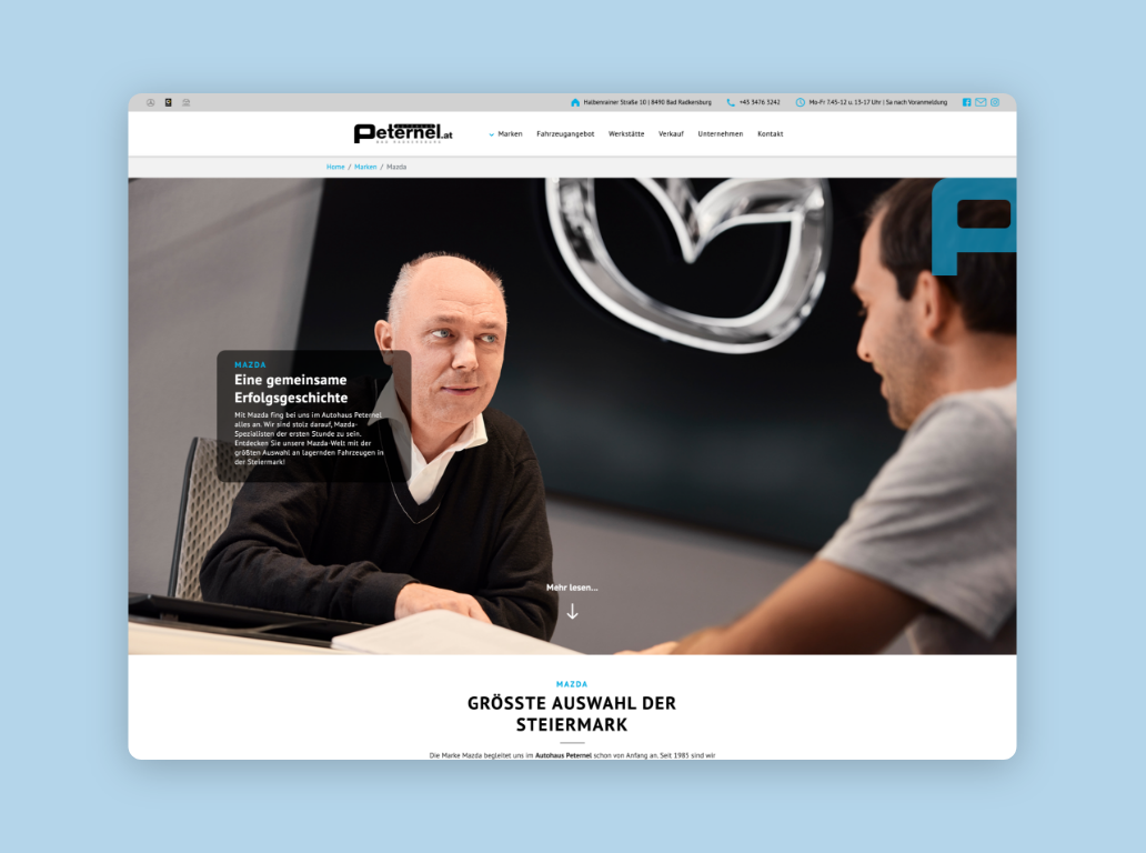Desktop-Screenshot mit einem Fullscreen-Bild eines Beratungsgesprächs bei Peternel.