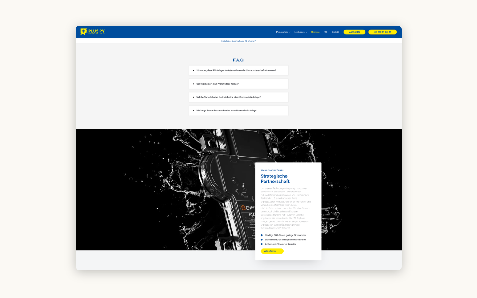 Desktop-Screenshot mit häufig gestellten Fragen und Antworten zu Plus PV.