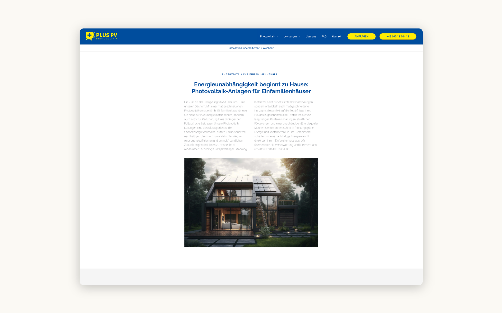 Desktop-Screenshot zum Thema Photovoltaik für Einfamilienhäuser.