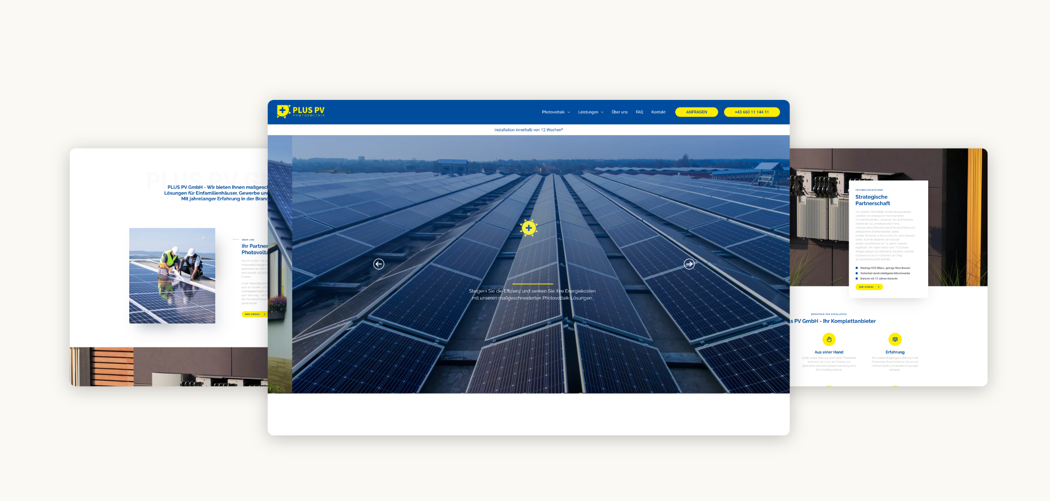 Drei Desktop-Screenshots der Startseite mit Leistungen und Vorteilen von Plus PV.