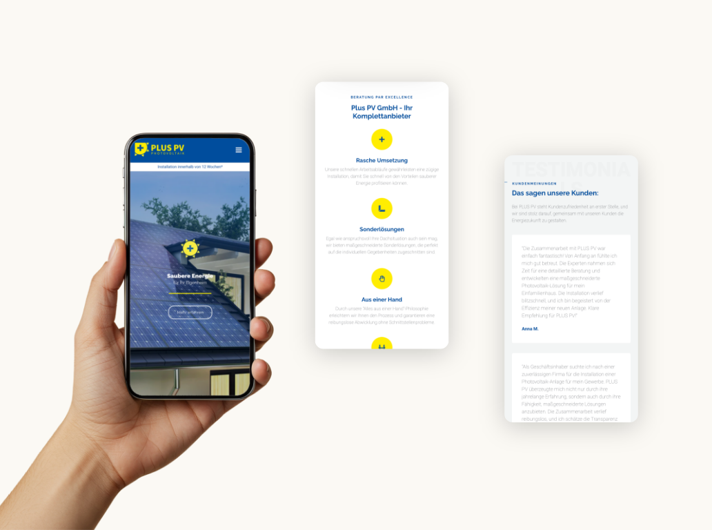 Drei Smartphone-Screenshots der Startseite und der Vorteile von Plus PV.