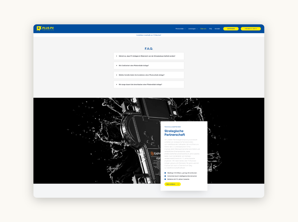 Desktop-Screenshot mit häufig gestellten Fragen und Antworten zu Plus PV.