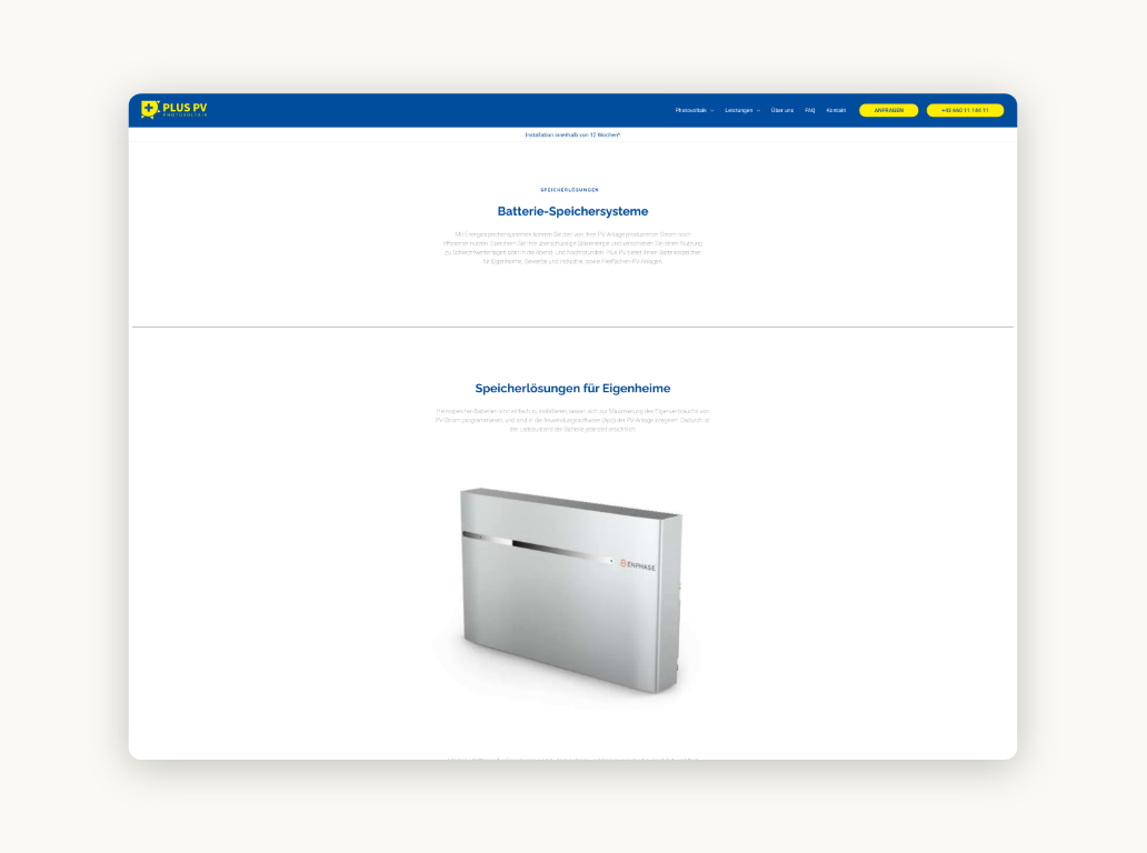 Desktop-Screenshot mit einer Übersicht der Energiespeichersysteme von Plus PV.
