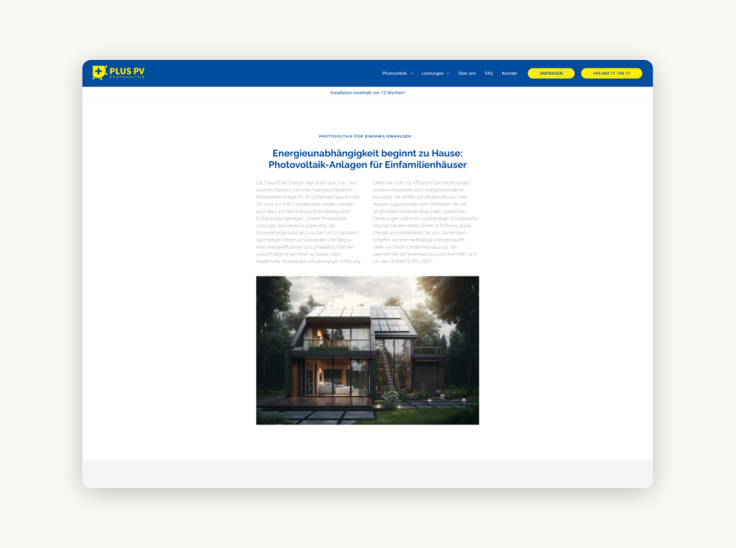 Desktop-Screenshot zum Thema Photovoltaik für Einfamilienhäuser.