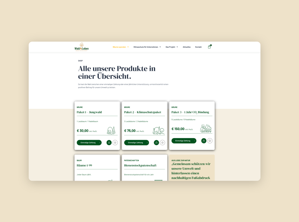 Desktop-Screenshot des Onlineshops mit Aufforstungsprojekten von Wald4Leben.