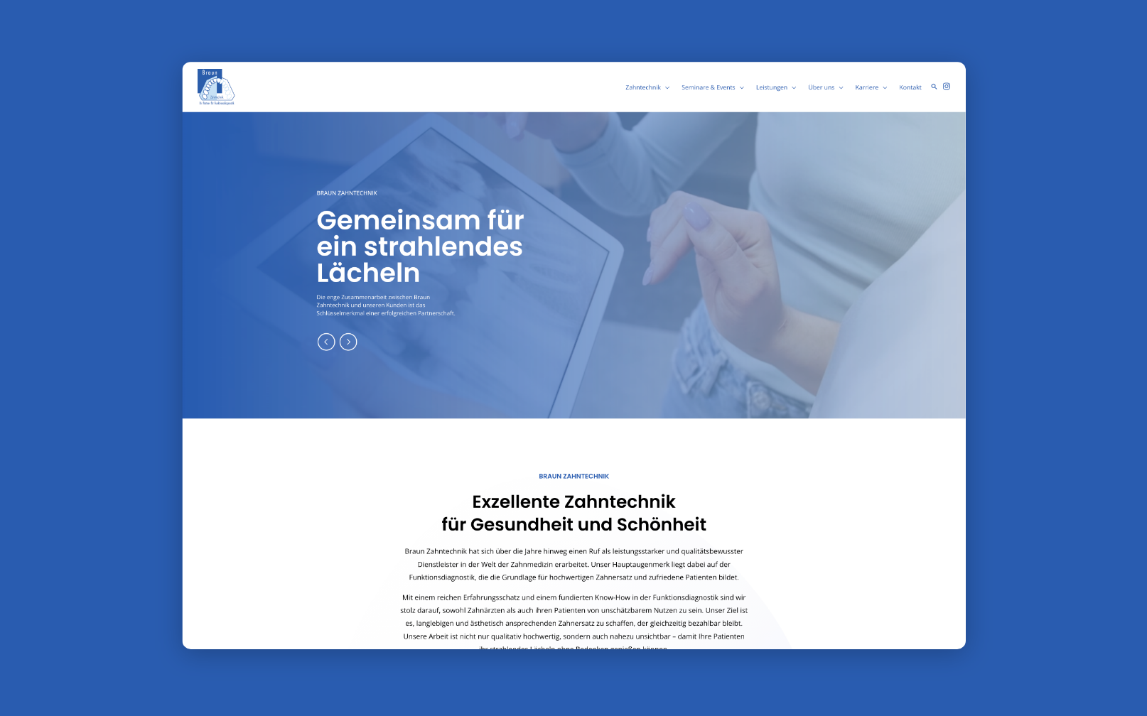Desktop-Screenshot der Startseite von Braun Zahntechnik.